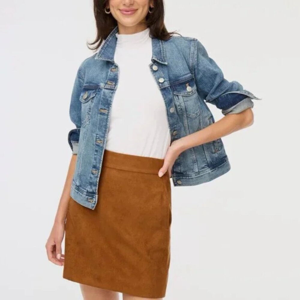 J. Crew | A-Line Faux Suede Mini Skirt in Walnut Brown with Pockets.